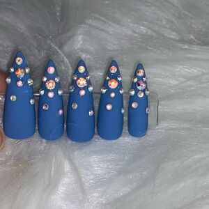 10pc Long Stiletto Matte Blue Jean with Rhinestone Tip Press on Nails